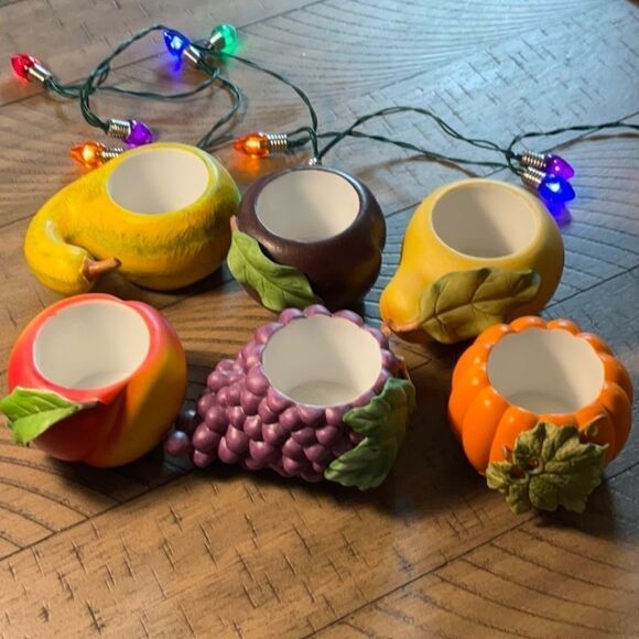 6 Cornucopia tea candleholders grapes 🍇 pear 🍐pumpkin 🎃 peach 🍑 squash &plum - Picture 1 of 16